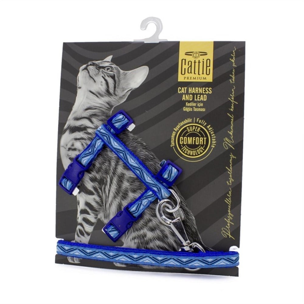 CATTİE DESENLİ KEDİ GÖĞÜS & GEZDİRME TAKIMI ROYALMAVİ 1X25-40CM