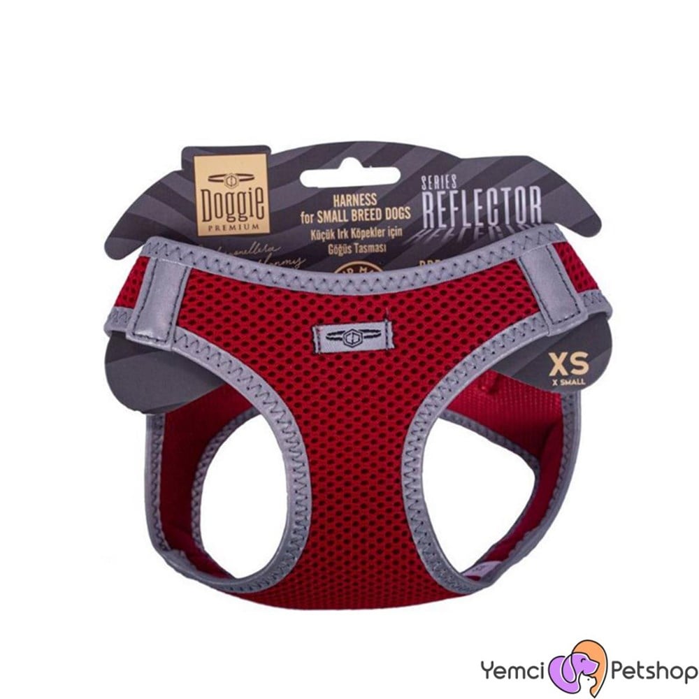 DOGGİE HAVALI DOKUMA REFLEKTÖR SERİSİ KÜÇÜK IRK GÖĞÜS TASMASI KIRMIZI L-42-48CM