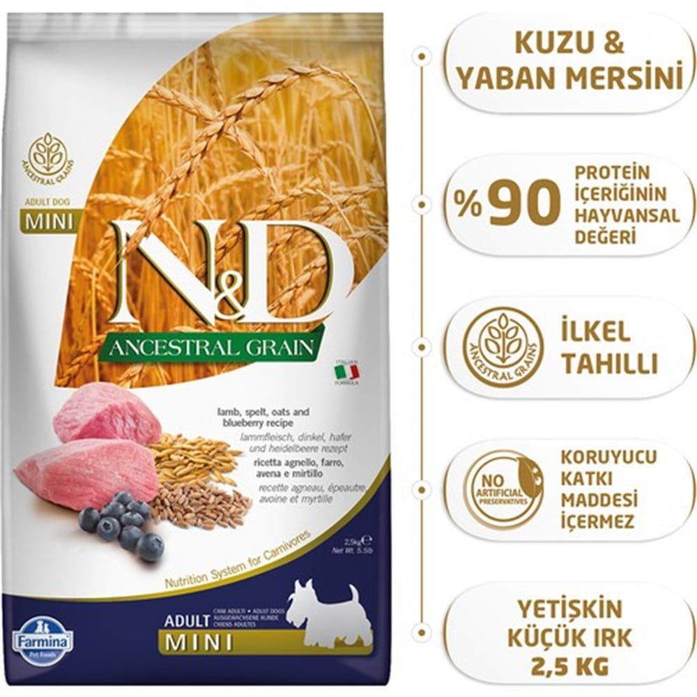 N&D Ancestral Grain Düşük Tahıllı Kuzu Etli ve Yaban Mersinli 2.5 kg Küçük Irk Yetişkin Köpek Maması