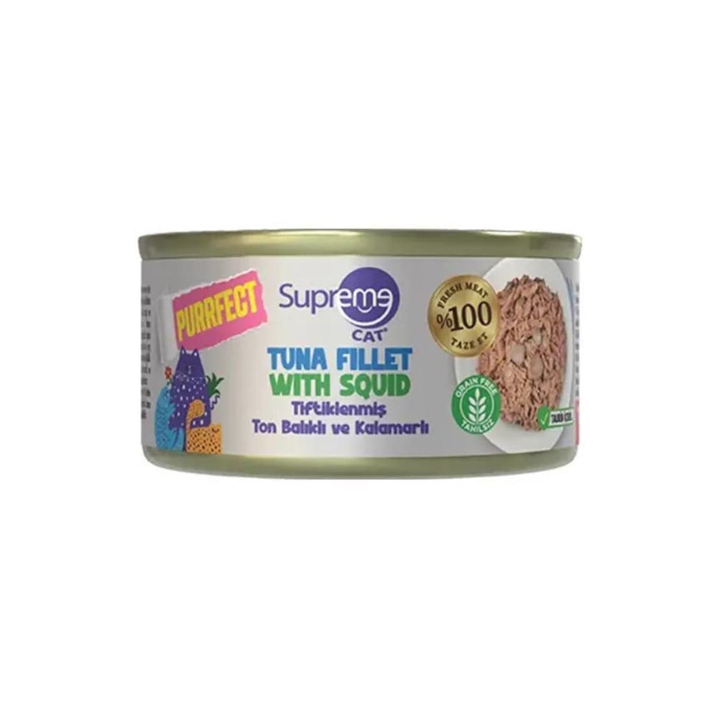 Supreme Cat Tiftiklenmiş Ton Balıklı ve Kalamarlı Yetişkin Kedi Konservesi 70gr