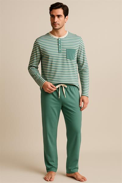 Erkek Çizgili Cepli Pijama Takımı Yeşil