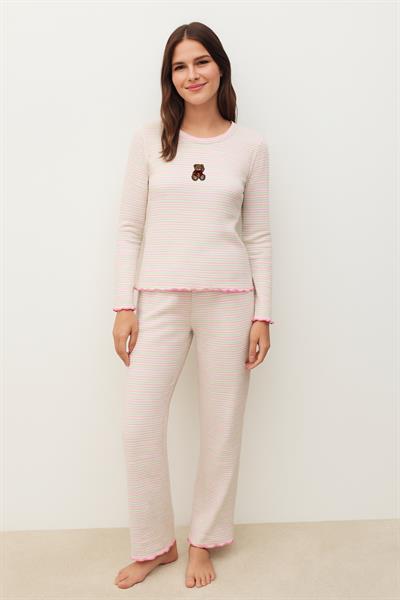 Kadın Teddy Desenli Pijama Takımı Ekru