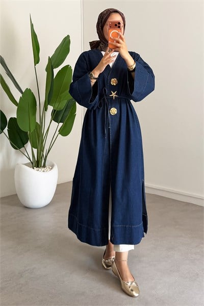  Denim Kimono Elbise - Koyu Kot