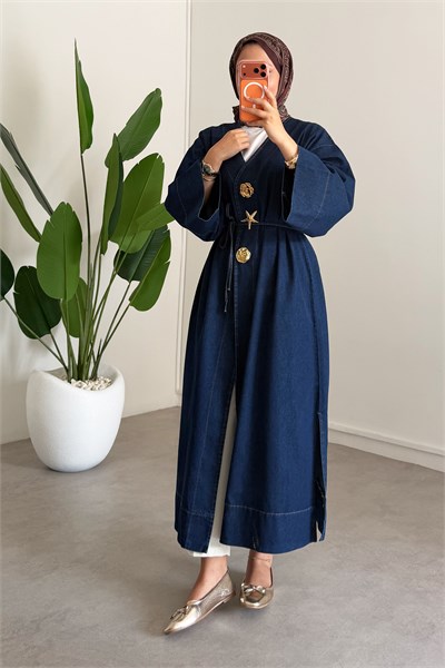  Denim Kimono Elbise - Koyu Kot