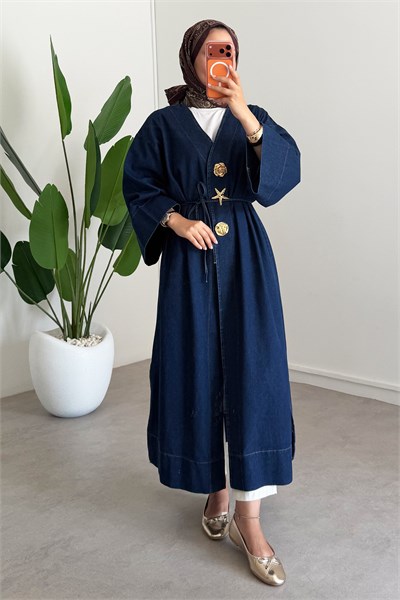  Denim Kimono Elbise - Koyu Kot