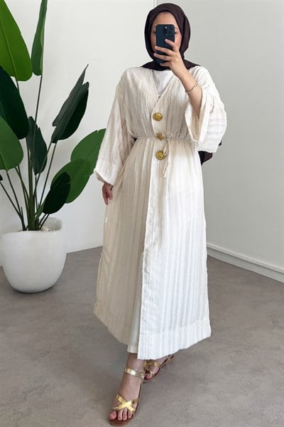  Keten Kimono Elbise - Bej