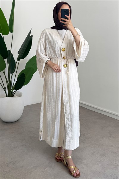  Keten Kimono Elbise - Bej