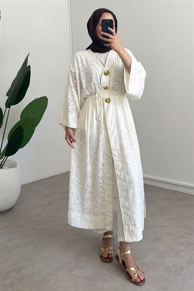  Keten Kimono Elbise - Bej