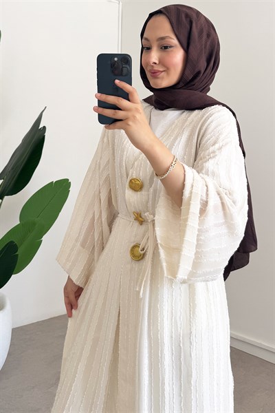  Keten Kimono Elbise - Bej
