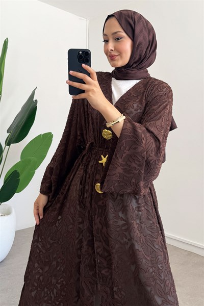  Keten Kimono Elbise - Kahverengi