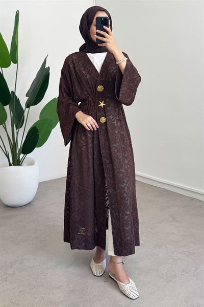  Keten Kimono Elbise - Kahverengi