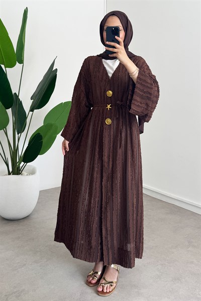  Keten Kimono Elbise - Kahverengi