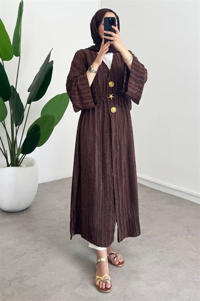 Keten Kimono Elbise - Kahverengi