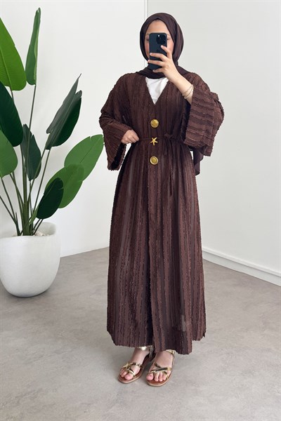  Keten Kimono Elbise - Kahverengi