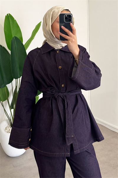 Apoletli Denim Takım - Bordo