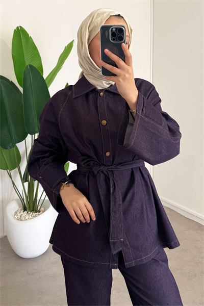 Apoletli Denim Takım - Bordo