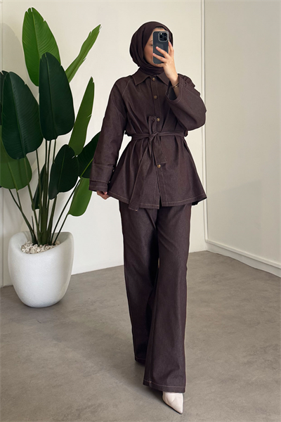 Apoletli Denim Takım - Kahverengi