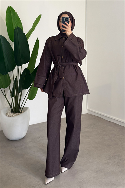 Apoletli Denim Takım - Kahverengi