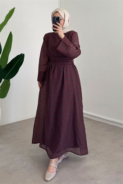 Astarlı Batik Desen Elbise - Bordo