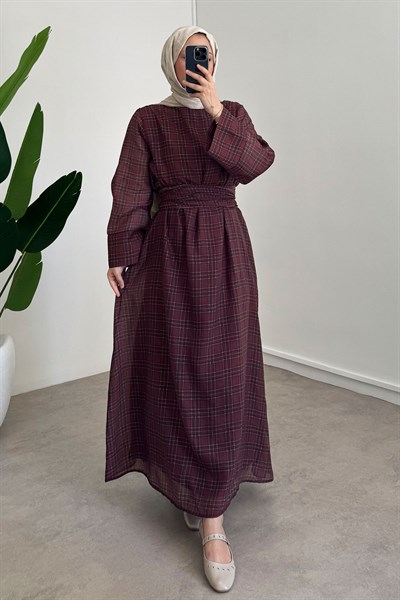 Astarlı Batik Desen Elbise - Bordo