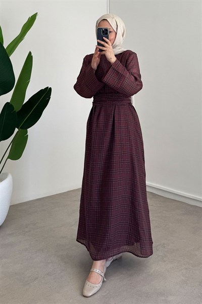 Astarlı Batik Desen Elbise - Bordo