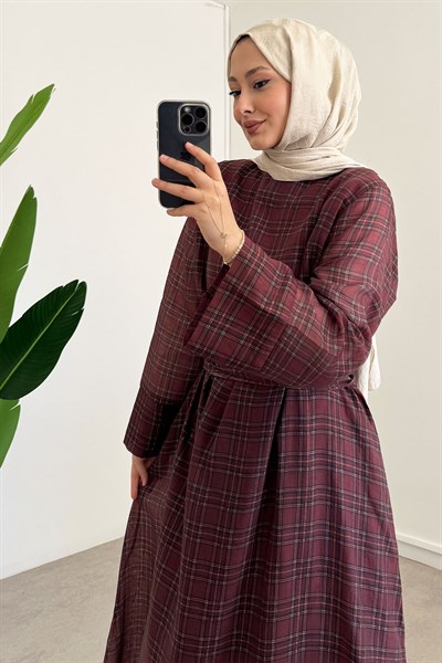 Astarlı Batik Desen Elbise - Bordo