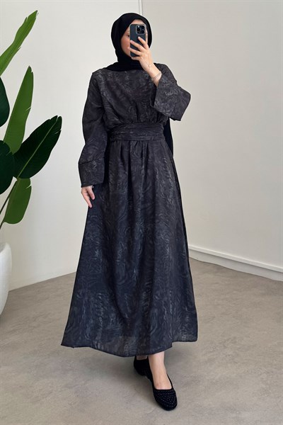 Astarlı Batik Desen Elbise - Grı