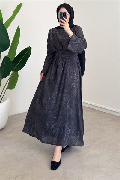 Astarlı Batik Desen Elbise - Grı