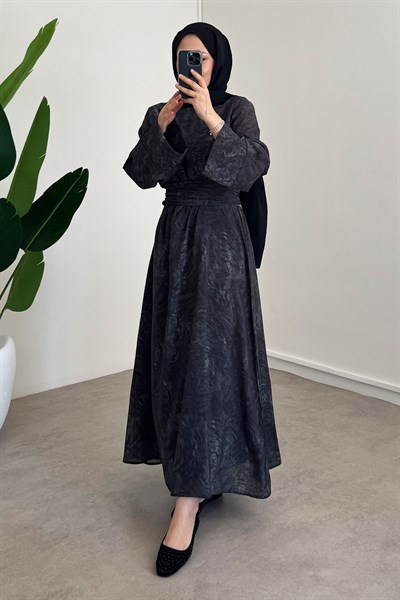 Astarlı Batik Desen Elbise - Grı