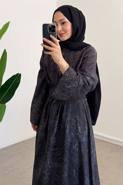 Astarlı Batik Desen Elbise - Grı
