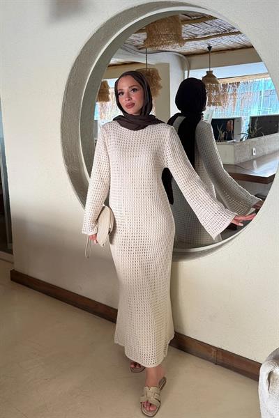 ASTARLI DESENLİ TRIKO ELBİSE 67-2221 - BEJ