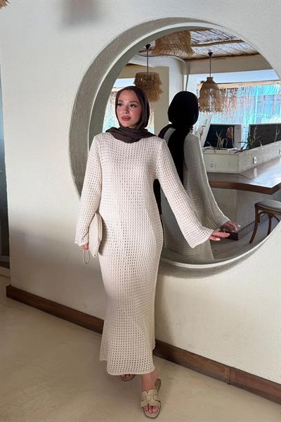 ASTARLI DESENLİ TRIKO ELBİSE 67-2221 - BEJ