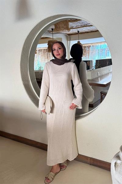 ASTARLI DESENLİ TRIKO ELBİSE 67-2221 - BEJ