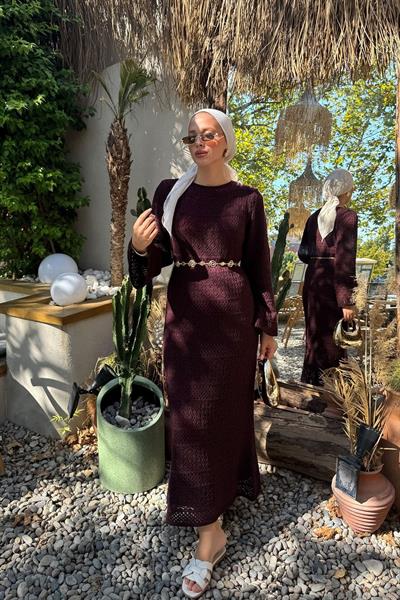 ASTARLI DESENLİ TRIKO ELBİSE 67-2223 - BORDO