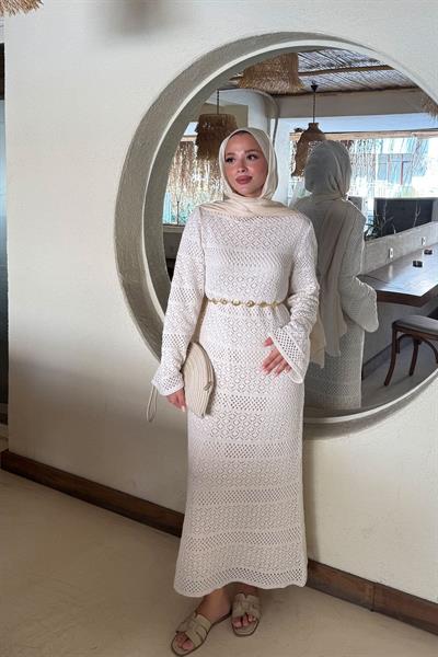 ASTARLI DESENLİ TRIKO ELBİSE 67-2223 - BEJ