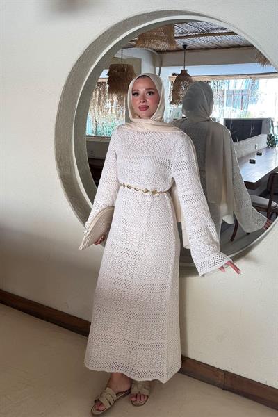 ASTARLI DESENLİ TRIKO ELBİSE 67-2223 - BEJ