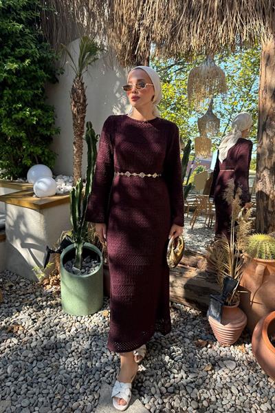 ASTARLI DESENLİ TRIKO ELBİSE 67-2223 - BORDO