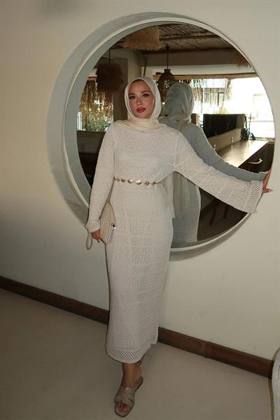 ASTARLI DESENLİ TRIKO ELBİSE 67-2223 - BEJ