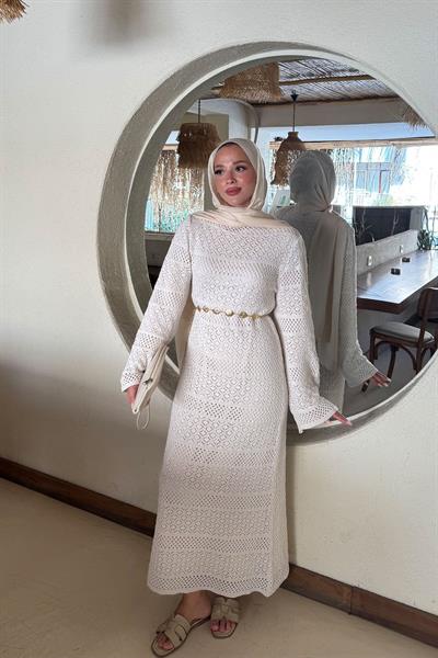 ASTARLI DESENLİ TRIKO ELBİSE 67-2223 - BEJ