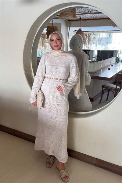 ASTARLI DESENLİ TRIKO ELBİSE 67-2223 - BEJ