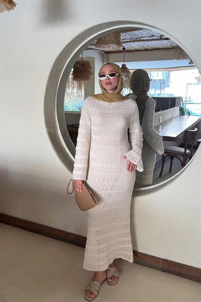 ASTARLI DESENLİ TRIKO ELBİSE 67-2225 - BEJ