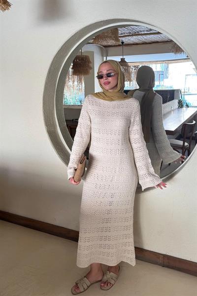 ASTARLI DESENLİ TRIKO ELBİSE 67-2225 - BEJ