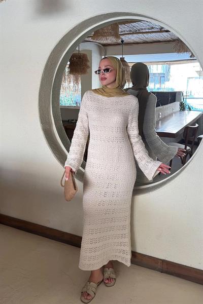 ASTARLI DESENLİ TRIKO ELBİSE 67-2225 - BEJ