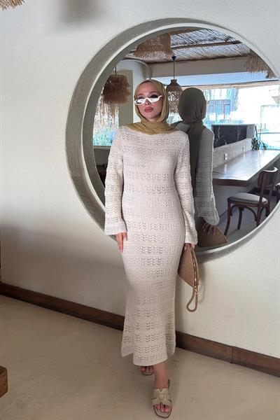 ASTARLI DESENLİ TRIKO ELBİSE 67-2225 - BEJ