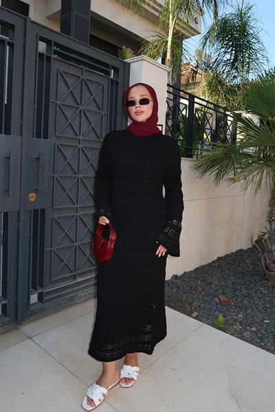 ASTARLI DESENLİ TRIKO ELBİSE 67-2225 - SİYAH