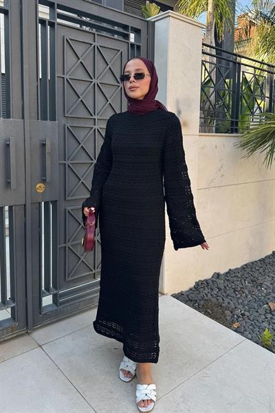 ASTARLI DESENLİ TRIKO ELBİSE 67-2225 - SİYAH