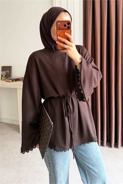Bagcıklı Dantel Tunik - Kahvrengi