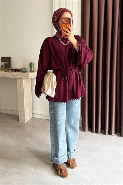 Bagcıklı Dantel Tunik - Mürdüm