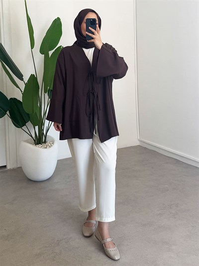 Baglama Detay Kimono - Kahverengi
