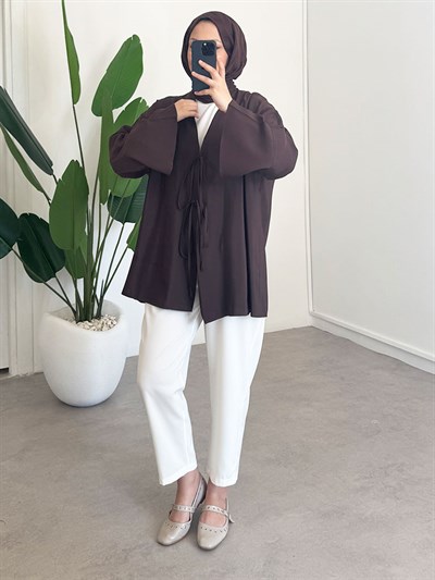 Baglama Detay Kimono - Kahverengi